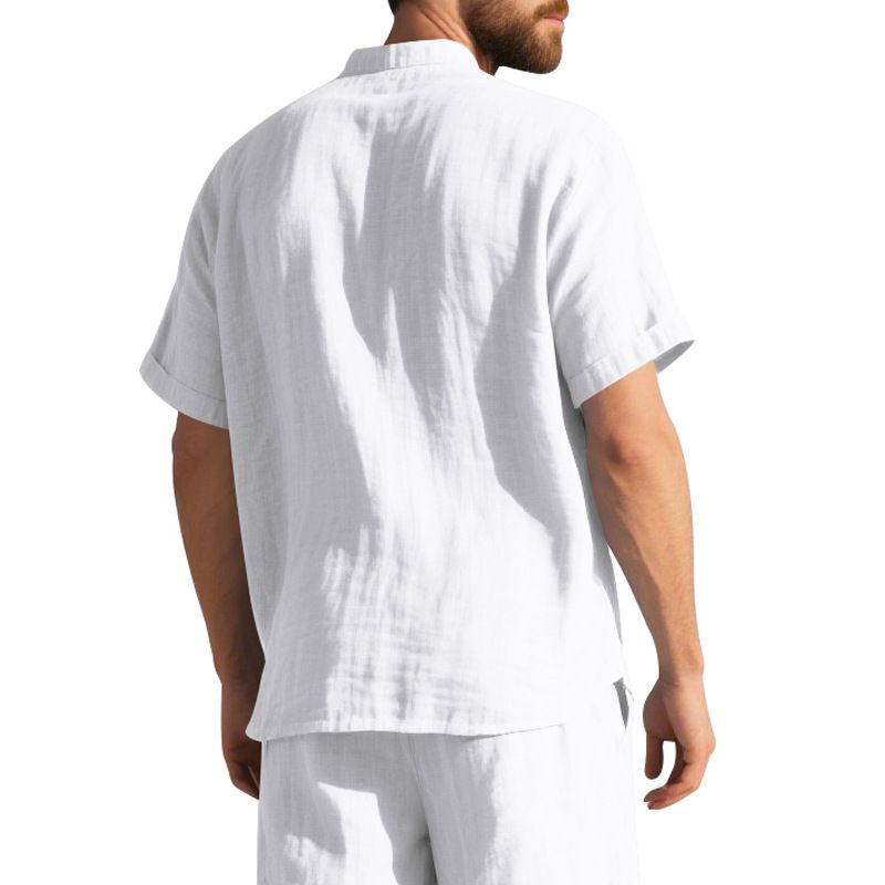 Camisa de lino de manga corta para hombre, nueva, de color liso, con cuello alto y bolsillo, holgada, informal_voghion.com