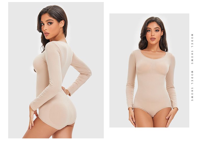 Nahtloser Shapewear-Body mit langen Ärmeln – Bauchkontrolle und Push-Up-Effekt – Volle Abdeckung mit dreieckigem Druckknopf – Schwarz/Haut/Braun (S-XXXL)_voghion.com