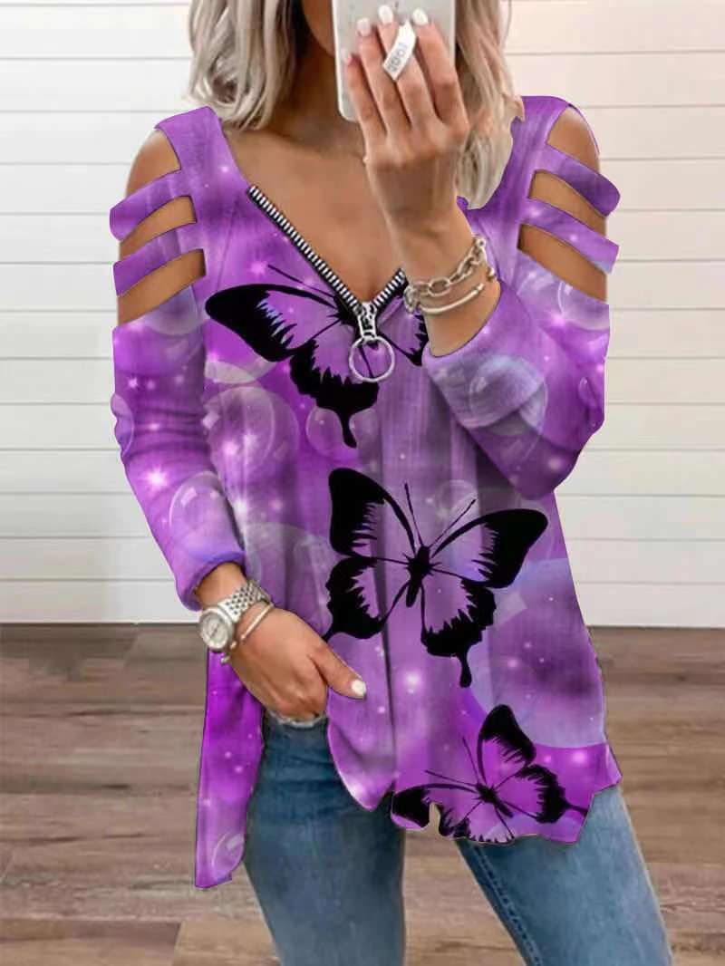 Haut ample à col en V et fermeture éclair pour femme, imprimé creux, automne/hiver, nouveau modèle 2024_voghion.com