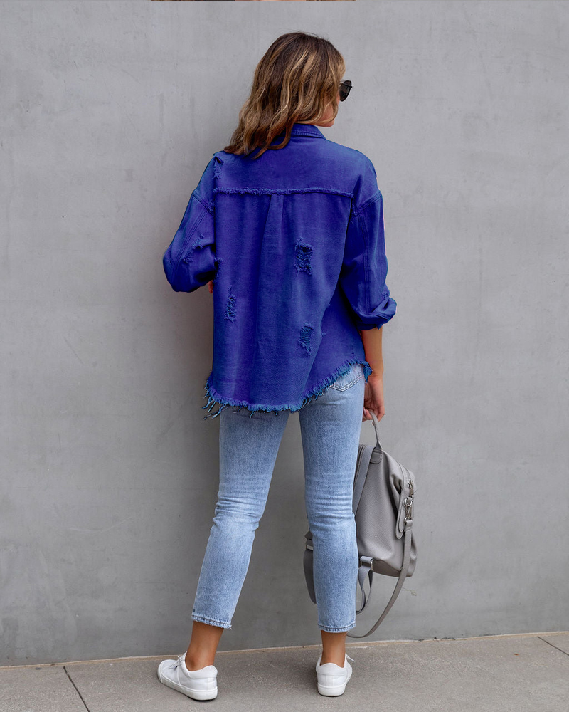 Chaqueta vaquera con bordes rugosos y agujeros para mujer, chaqueta informal con solapa, temperamento de primavera y otoño, novedad de 2023_voghion.com