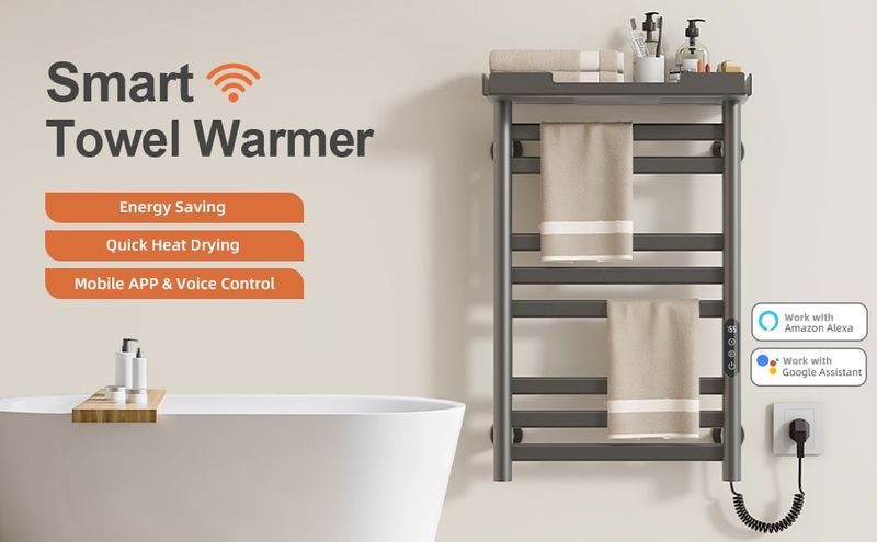 SIOYIE Heated Towel Rack With Shelf And Wi-Fi App Control, 8 Bars Electric Wall Mounted Towel Warmer With Timer & Adjustable Temperature, Low Carbon Steel, Plug-in/Hardwired, Gray_voghion.com