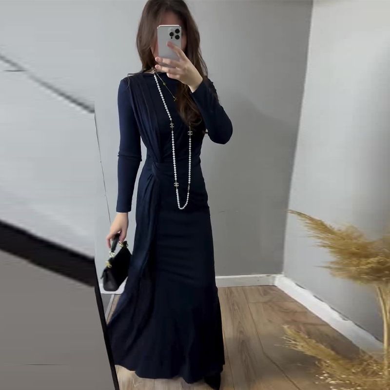Women's Clothing Sexy Fashion Round Neck Pleated Waist Slim Fit Solid Color Temperament Dress_voghion.com