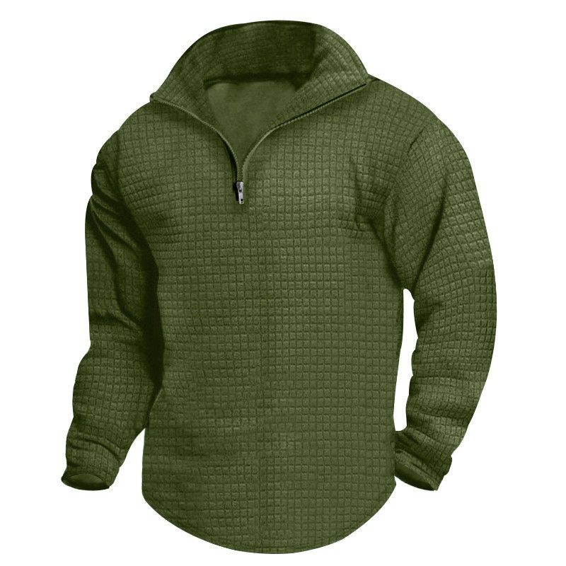 Roupas masculinas com gola alta e zíper, moletom com estampa xadrez pequena, poliéster respirável, leve, confortável, casual, esportivo_voghion.com