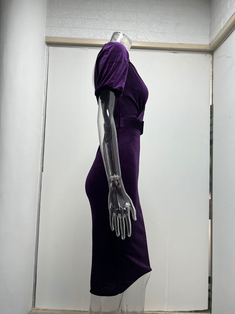 2024 Primavera Nuovo Colore Solido Vita Mostra Petto Sexy Scollo Basso Manica a Bolla Velluto Fianchi Avvolgente Abito_voghion.com