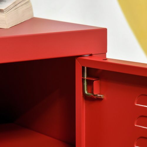 Industrial End Table, Living Room Side Table With Locker-Style Door And Adjustable Shelf, Red_voghion.com