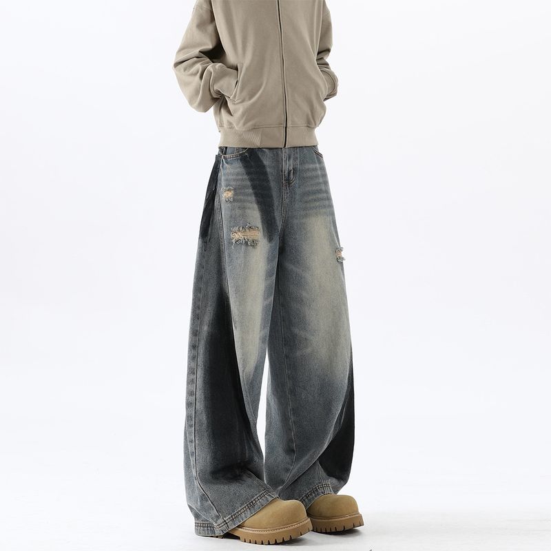 Amerikaanse stijl Splashed Ink Ripped Curved Knife Jeans voor heren in de herfst, los en trendy design, wijde pijpen iets_voghion.com