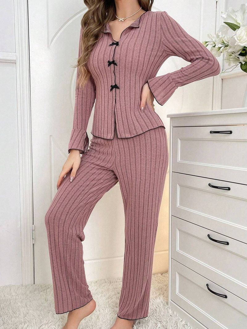 Women's Pajama Set - Long Sleeve Shirt With Lapel & Bow Tie + Long Pants - Soft Sleepwear Loungewear-Nightwear Outfit_voghion.com