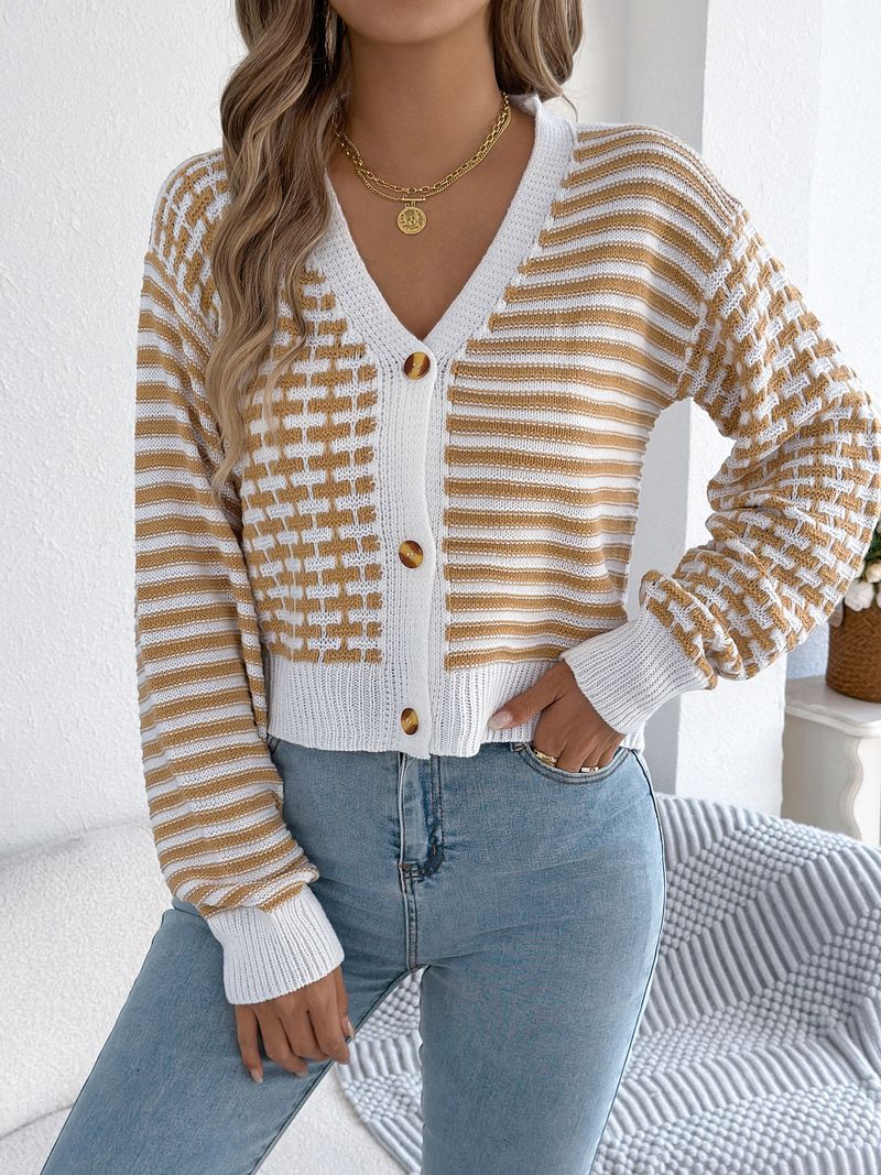 Cardigan a maniche a pipistrello con scollo a V e righe a contrasto da donna - Maglia corta autunno/inverno (cachi, bordeaux, nero)_voghion.com
