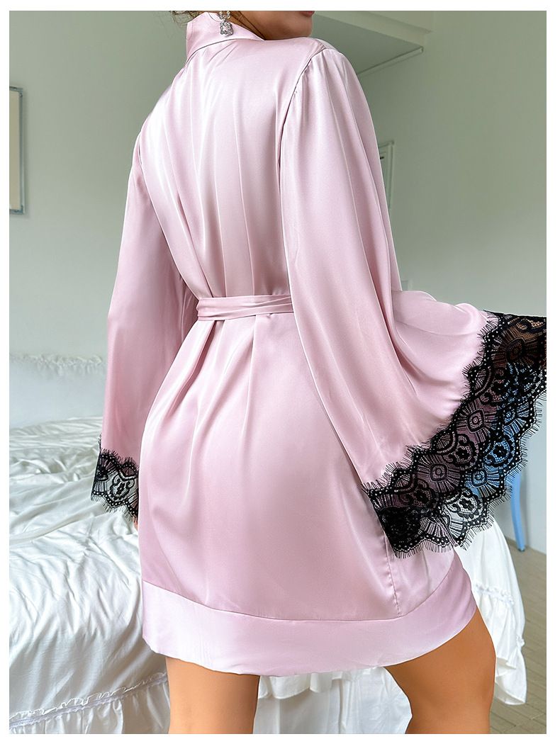 Europäische und amerikanische Cross Border Sexy Nachthemd Medium Bademantel Sexy Pyjamas Damen Langarm Damen Satin Home Kleidung Großhandel 735_voghion.com