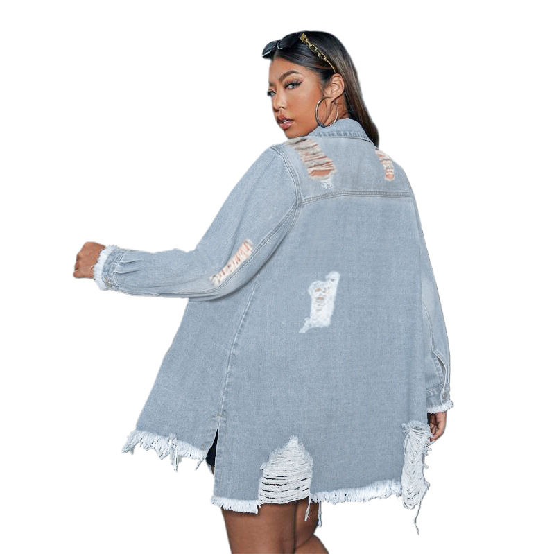 Palton din denim pentru femei, la modă, cu ciucuri, un singur rând de nasturi, cu găuri, lung, cu mânecă lungă, trench din denim_voghion.com