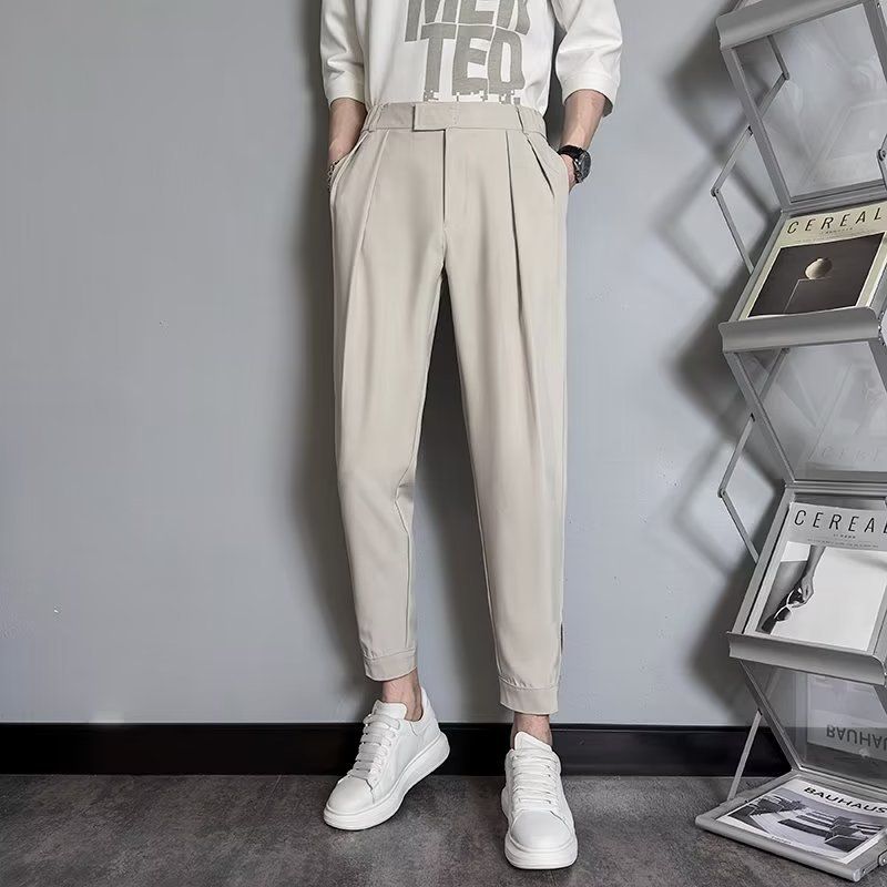 Pendentif sentiment petit pantalon de costume jambe droite pour hommes version coréenne minimaliste coupe slim pantalon de costume haut de gamme avec taille semi-élastique effilée longue_voghion.com