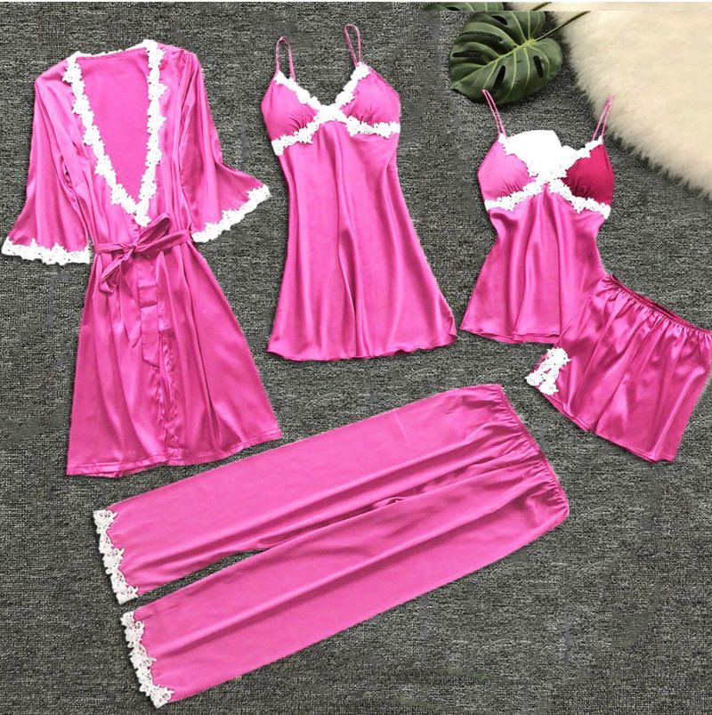 Lenjerie de dormit pentru femei Pijamale sexy din cinci piese pentru femei Rochie de mireasa cu maneca mijlocie de vara Marime mari Imbracaminte pentru casa Camasa de noapte_voghion.com