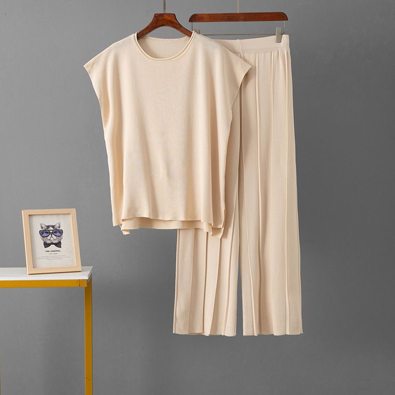 Damenbekleidung, gestrickter Freizeitanzug, ärmellose Weste, Pullover, Hose mit weitem Bein, zweiteiliger Anzug_voghion.com