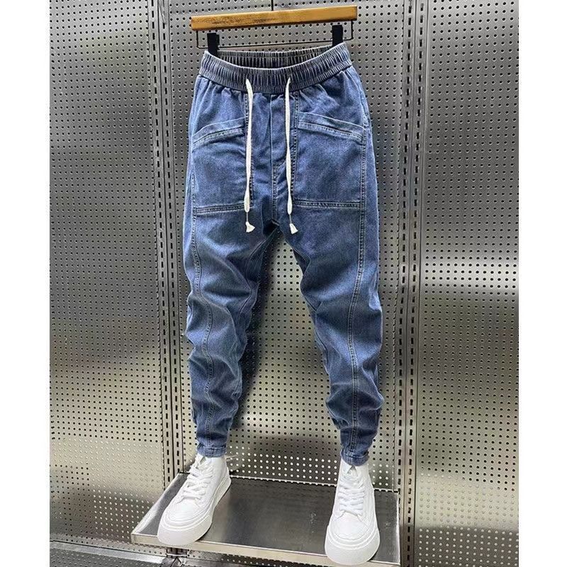 Pi Shuai jeans spring and autumn new elastic slim fit men's cropped versatile drawstring small leg pants trendy_voghion.com
