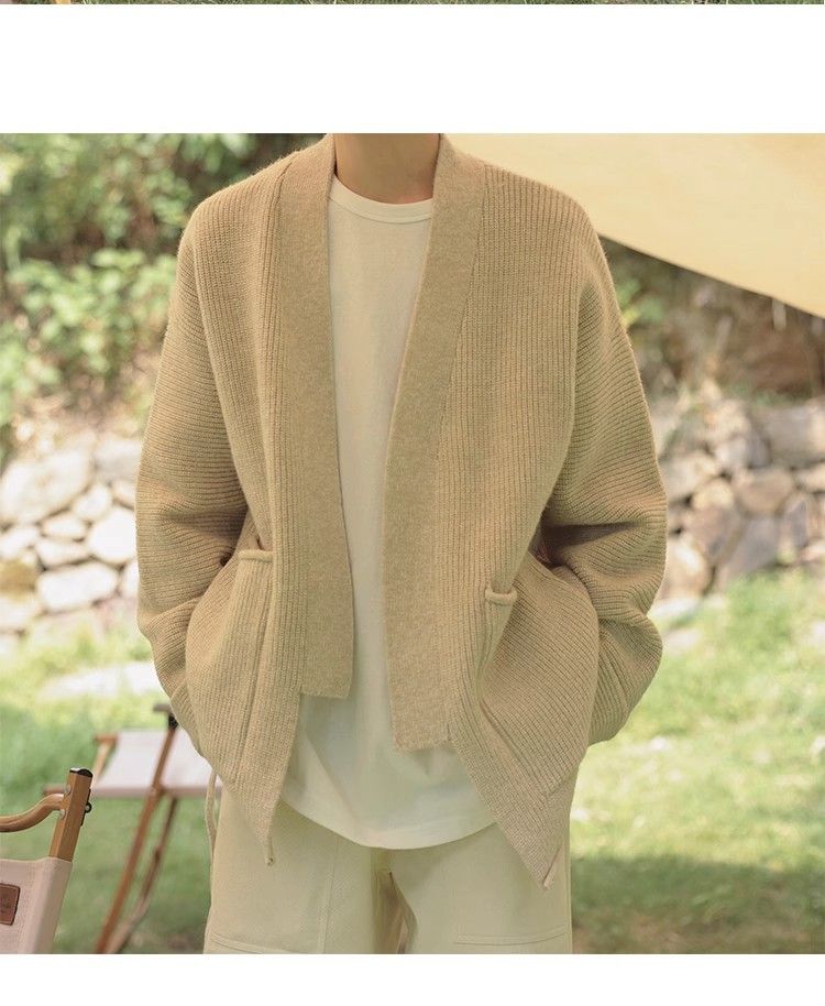 Roupas masculinas Outono e inverno novo suéter de gola dobrada de alta qualidade jaqueta novo estilo gravata robe preguiçoso cardigan de malha roupa masculina_voghion.com