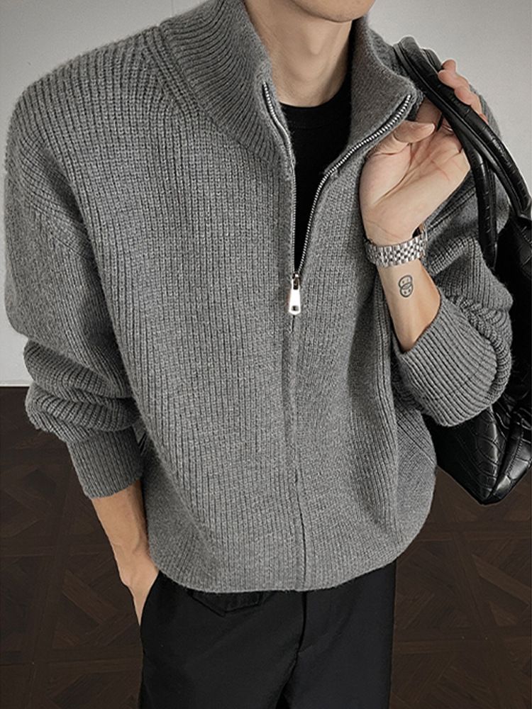 Unisex-Pullovermantel mit Stehkragen und Reißverschluss – Stilvolle Herbststrickmode mit schmaler Passform, Retro-Design und modischem Look_voghion.com