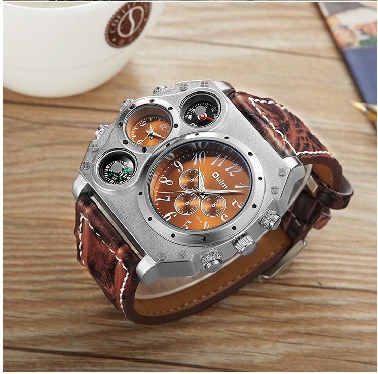 Men's Large Dial Multi-Time Zone Quartz Watch With Leather Strap, Casual Fashion Timepiece For Everyday Wear Dedicated Casual Men's Watch_voghion.com