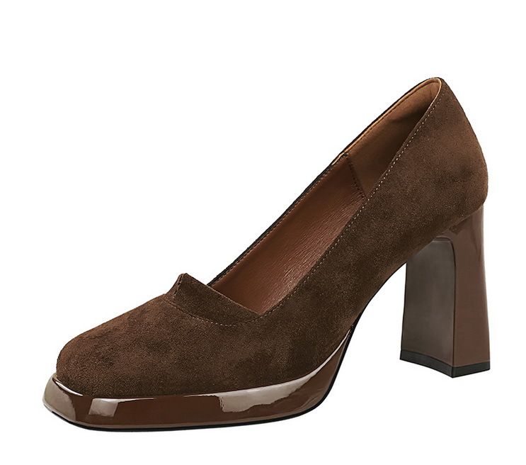 9987 High-end Square Toe Suede Women's Waterproof Platform, Thick Heel, Super, Single Shoes, Plain And Simple High_voghion.com