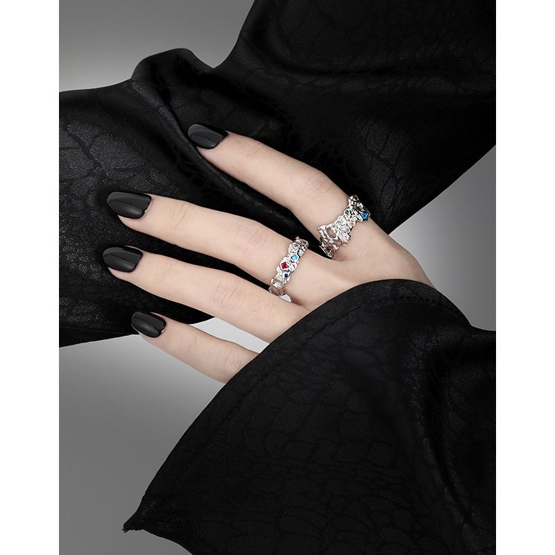 842 Niche Design Cold Irregular Texture Sweet Cool Color Diamond S Pure Silver Open Ring For Women_voghion.com
