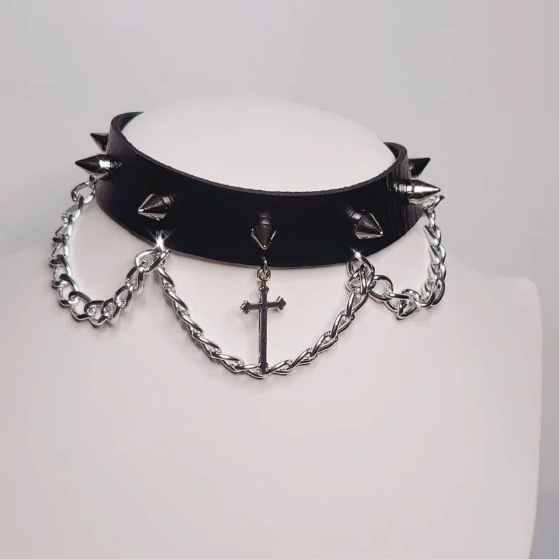 Goth Punk Choker Sier Color Cross met prachtige alternatieve gotische sieraden ketting brede statement vrouwen cadeau Haruku_voghion.com