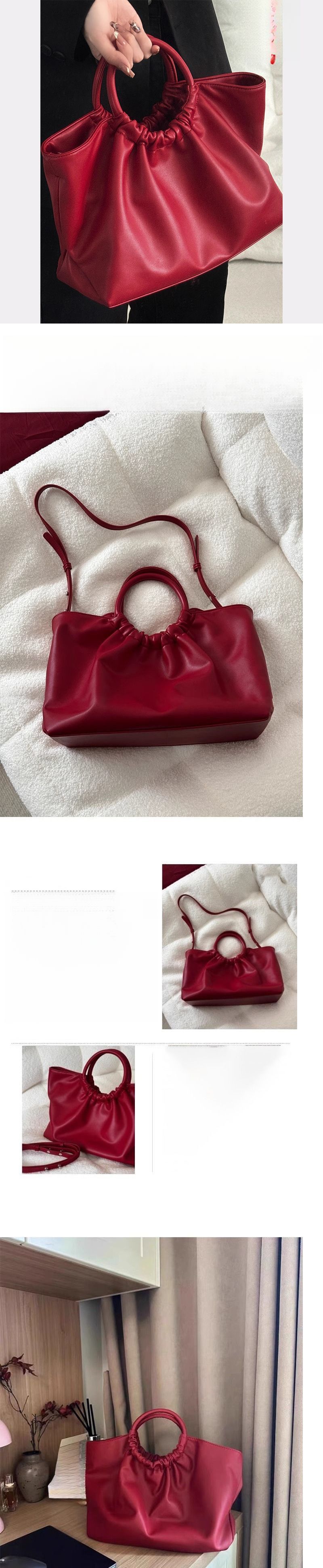 Genuine Leather Red Bridal Handbag 2025 Spring And Summer New Single Shoulder Large Capacity Commuter Cloud Bag Fashion Versatile Casual Daily Simple_voghion.com