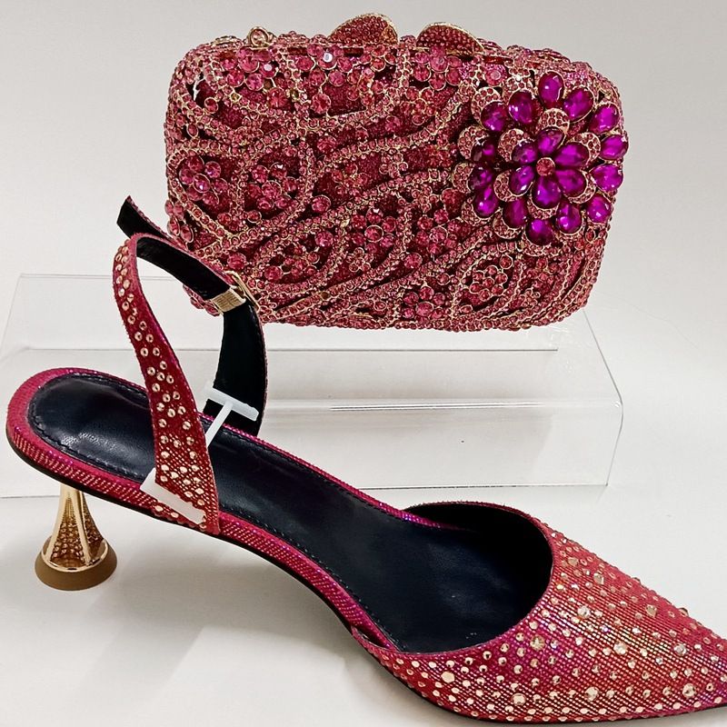 Women's High Heeled Sandals With Stilettos And Pointed Toes, Crystal Glass Flower High Heeled Sandals, Red Bridal Party Bag_voghion.com