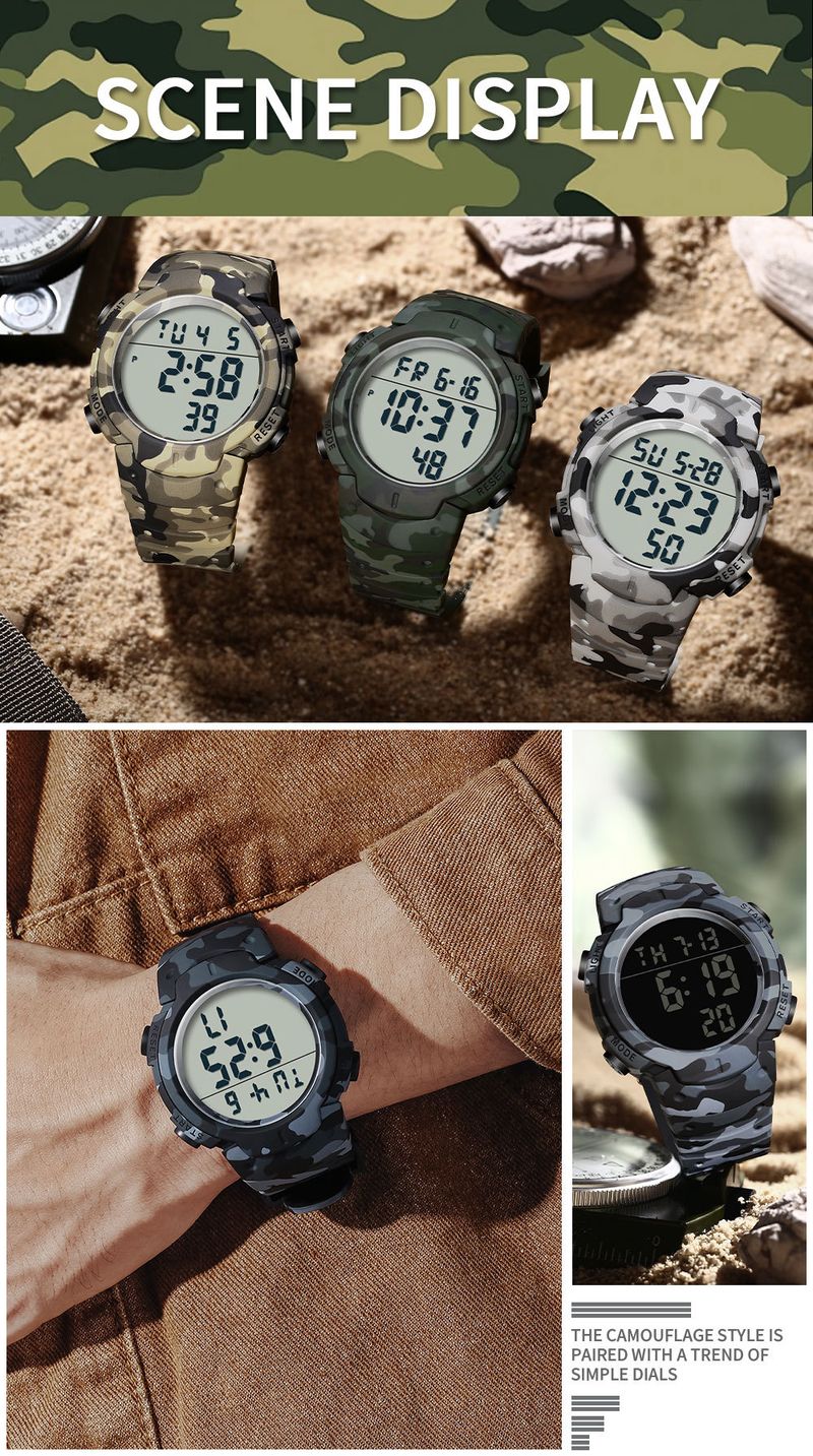 Sport Digital Watch With 50m Waterproof, LED Backlight, Alarm, Stopwatch, Military Camouflage Design For Outdoor Swimming And Daily Wear_voghion.com