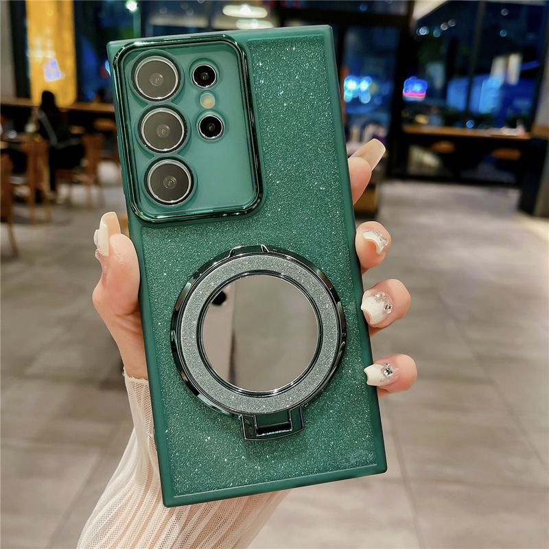 met spiegel magnetische telefoonstandaard voor Samsung S24 ultra transparante gliiter sticker case zachte cover S22 S23 Plus_voghion.com