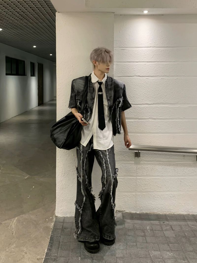 Men's Clothing Niche Design Raw Edge Shoulder Pad Denim Short Sleeve Washed Heavy Jeans Suit Men's Jacket Shirt Short_voghion.com