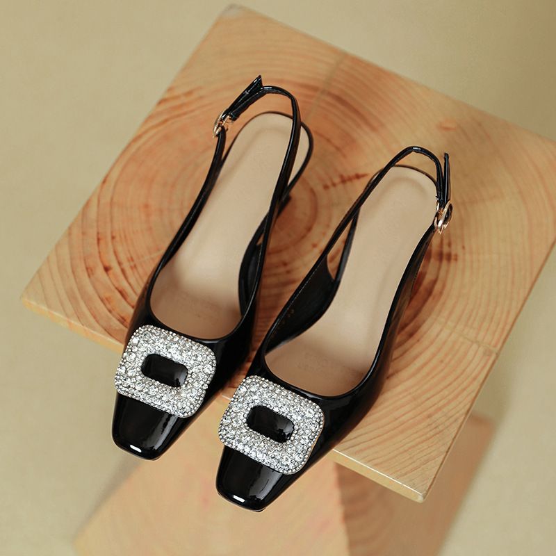 French Style Square High Heels Thin New Summer Backless Single Shoes Mid Heel Patent Leather Red One Strap Closed Toe_voghion.com