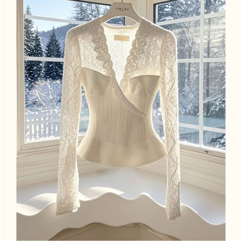 Abbigliamento da donna Camicia bianca in pizzo soffice con fondo aderente Nuovo temperamento Top francesi di alta qualità per le donne Inverno_voghion.com