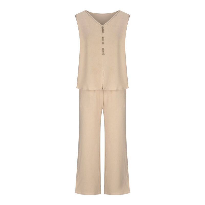 Terno feminino casual com decote em V, cor sólida, estampado, colete, calças largas_voghion.com