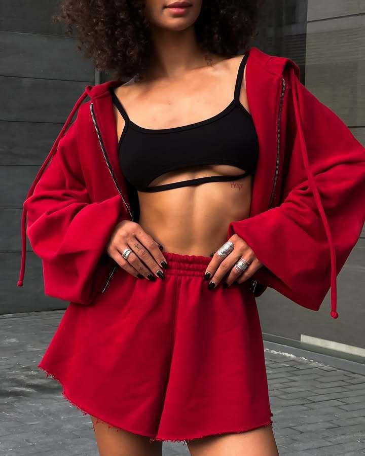 Casual Women's Solid Color Long Sleeve Hooded Drawstring Sweatshirt Jacket Shorts Two-Piece Set_voghion.com