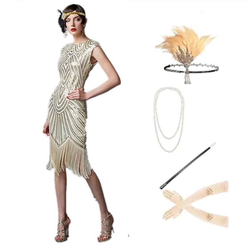 Conjunto de vestido de baile Gatsby con falda de flecos y lentejuelas de los años 20 para mujer_voghion.com