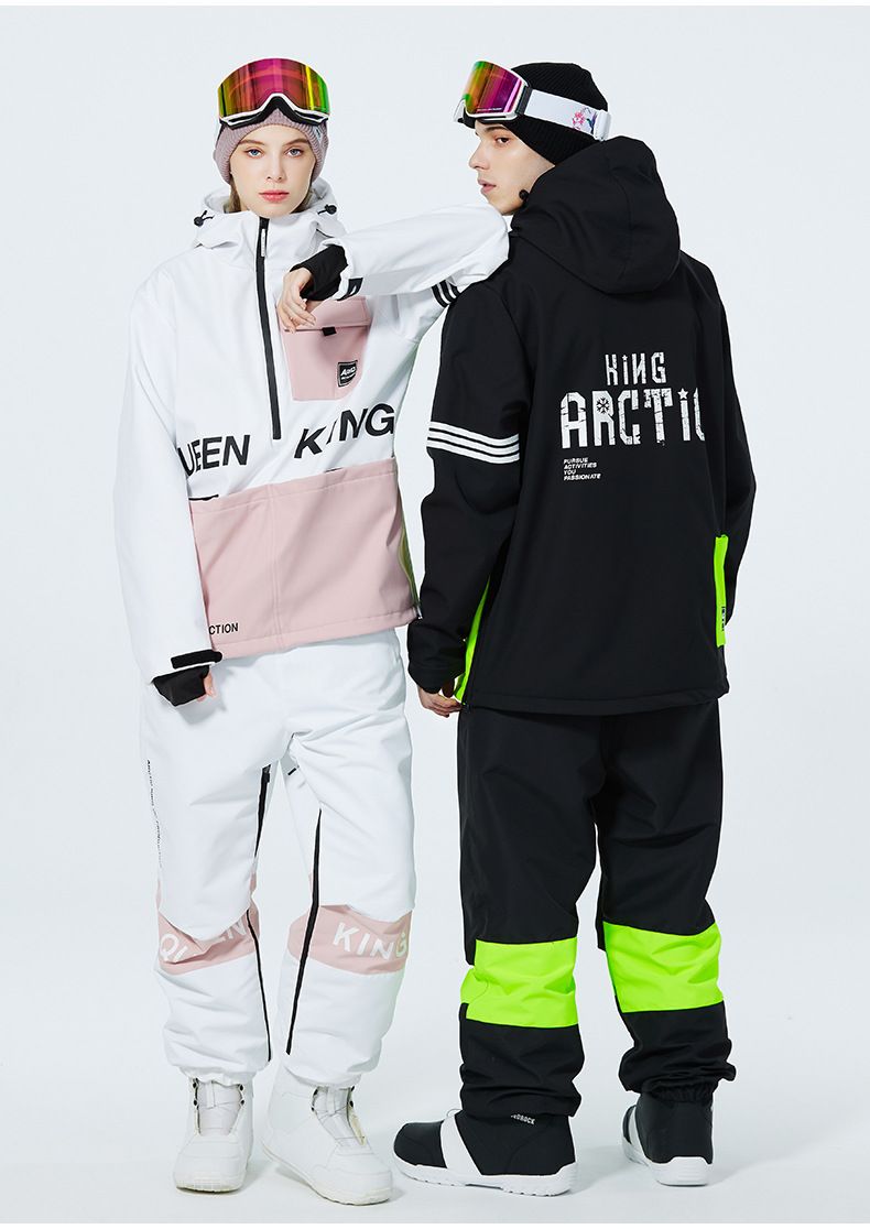 Set unisex da sci con cappuccio e pantaloni da neve e pioggia - Completo da snowboard impermeabile e antivento con blocchi di colore_voghion.com