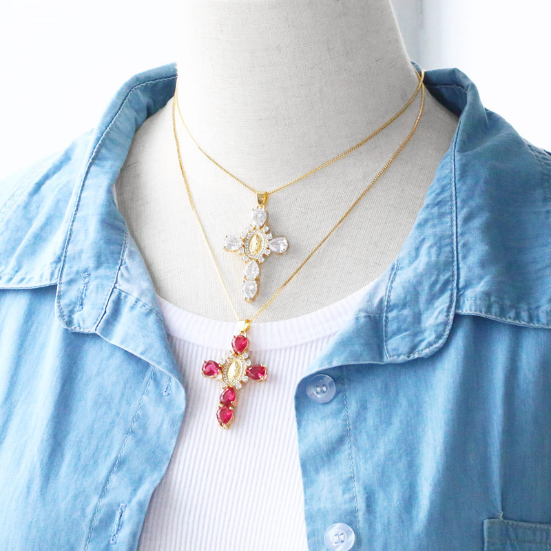 Micro Set Zircon Pendant Creative Personalized Virgin Cross Necklace Female Collar Chain nks01_voghion.com
