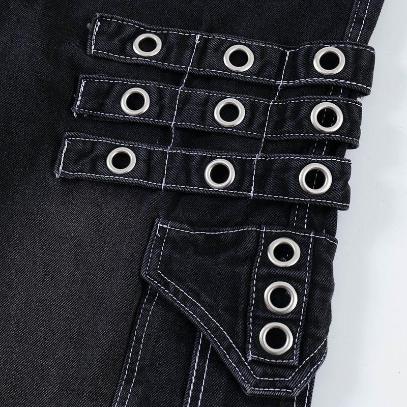 Punk Rock Cargo Jeans For Men Hiphop Trendy Niche Design With Straps And Pockets Straight-Leg Long Pants_voghion.com
