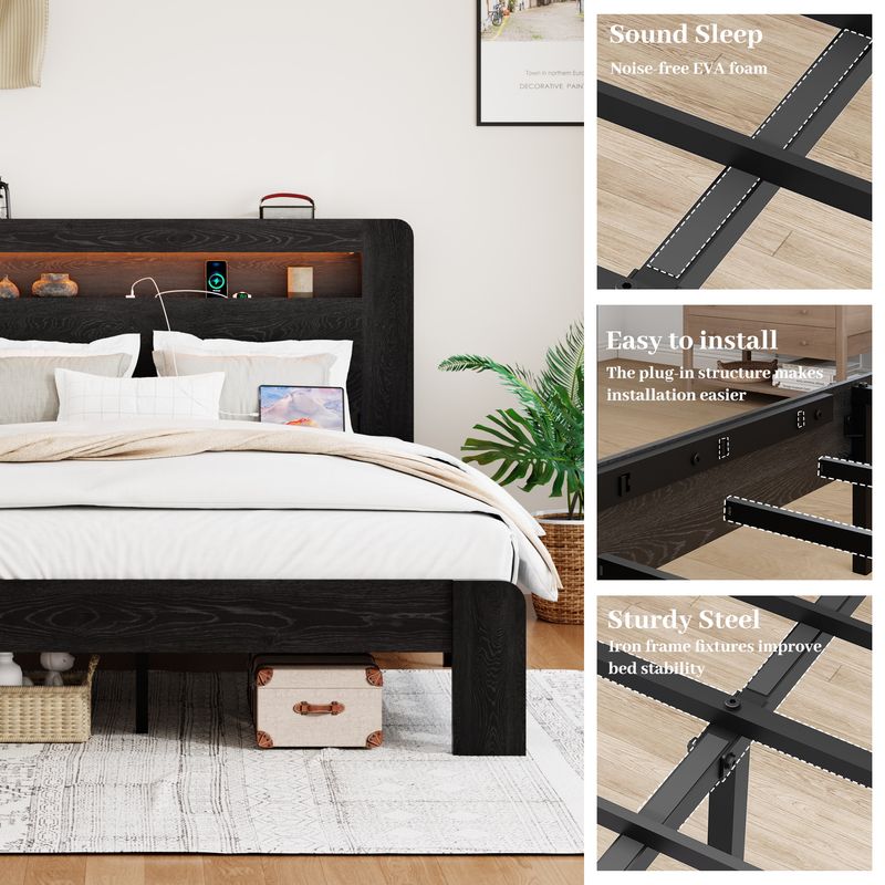 Bed Frame Full Size, Wood Platform Bed Frame With Storage LED Light Headboard And 2 USB , Noise Free,No Box Spring Needed And Easy Assembly Tool,Large Under Bed Storage,Dark Black_voghion.com