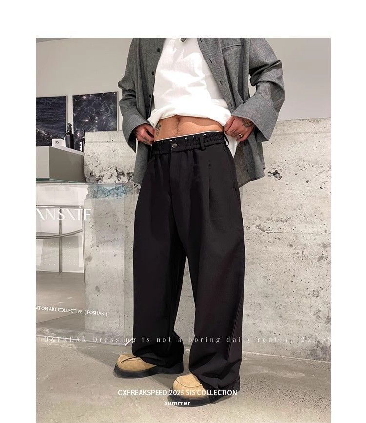 Pantaloni larghi da uomo, bianchi, a pieghe singole, in tessuto antirughe e drappeggiato, stile casual, Lao Qianfeng_voghion.com
