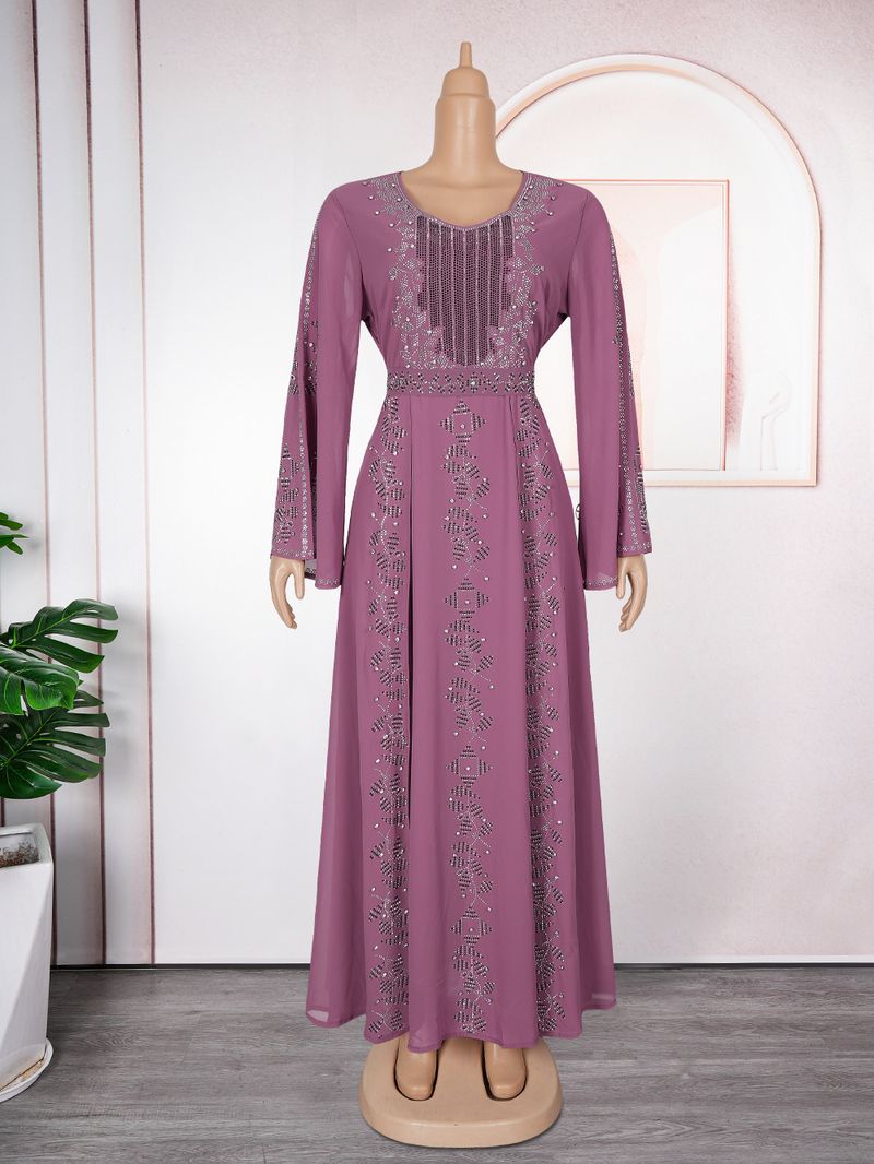 Elegantes Langarm-Maxikleid mit Strassverzierung, schlichtes muslimisches Abendkleid für Damen, A-Linien-Abendkleid in Übergröße (Grün/Violett/Schwarz)_voghion.com