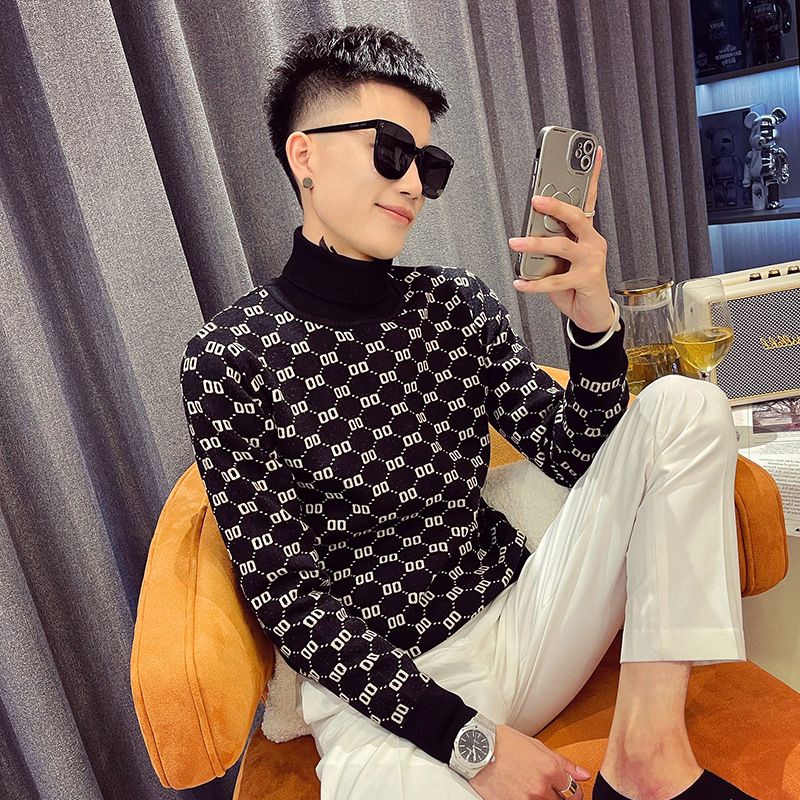 High necked for men's autumn trend, slim fit and warm inner layer knit sweater, 2022 new versatile base sweater trend_voghion.com