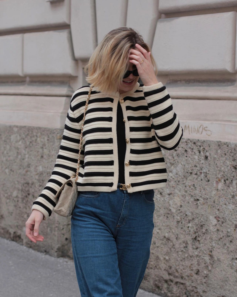 Women's slim-fit version buckle striped small fragrant style knitted cardigan short coat_voghion.com