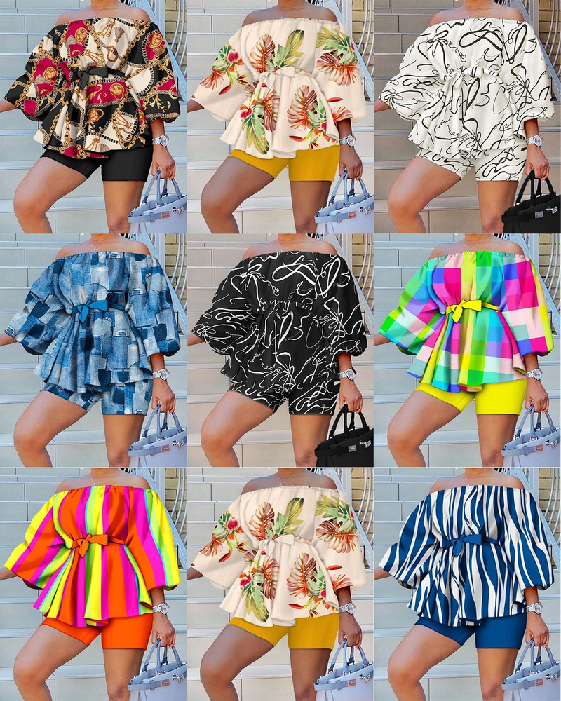 One shoulder fashion printed shorts suit_voghion.com