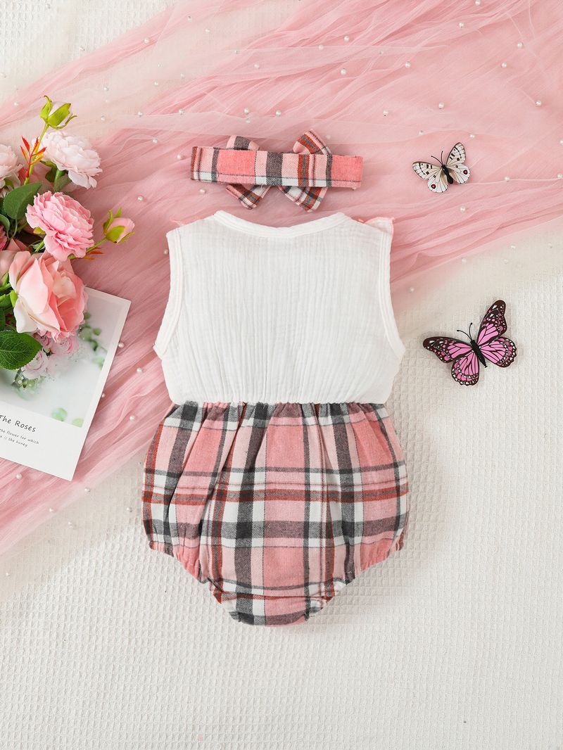 Kids’ Clothing Ins Girls' Sleeveless Stitching Plaid Triangle Romper_voghion.com