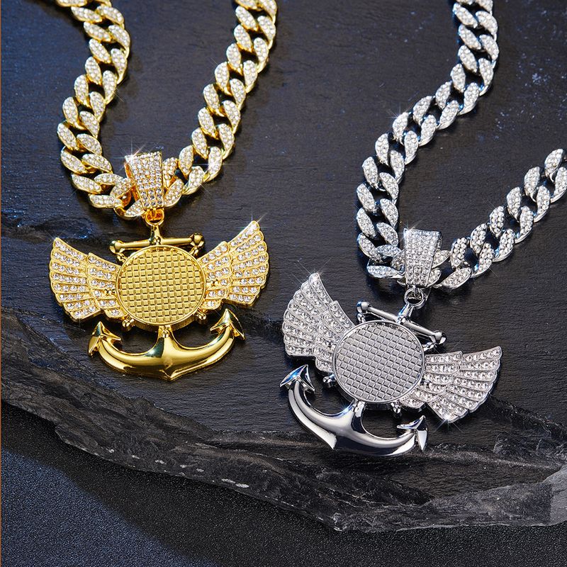 Photo Frame Wings Anchor Full Diamond Creative Design Alloy Rhinestone Cuban Chain Pendant Hip Hop Accessories_voghion.com