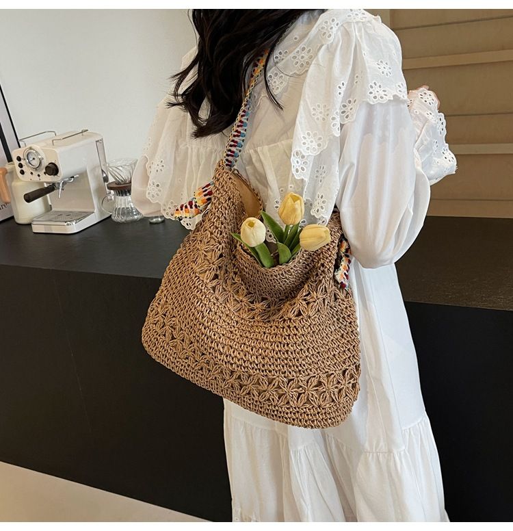 Straw Bag Woven Bag Lazy Straw Bag Women's Single Shoulder Commuter Tote Seaside Resort Beach Bag_voghion.com