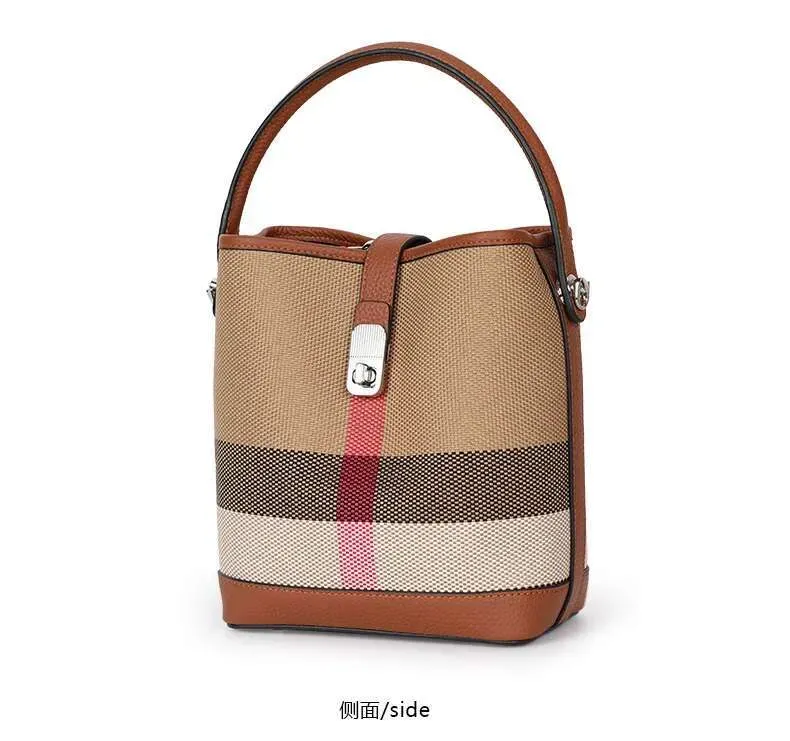 Nuova borsa a tracolla da donna in tela abbinata a pelle di mucca, borsa a secchiello alla moda con motivo scozzese_voghion.com