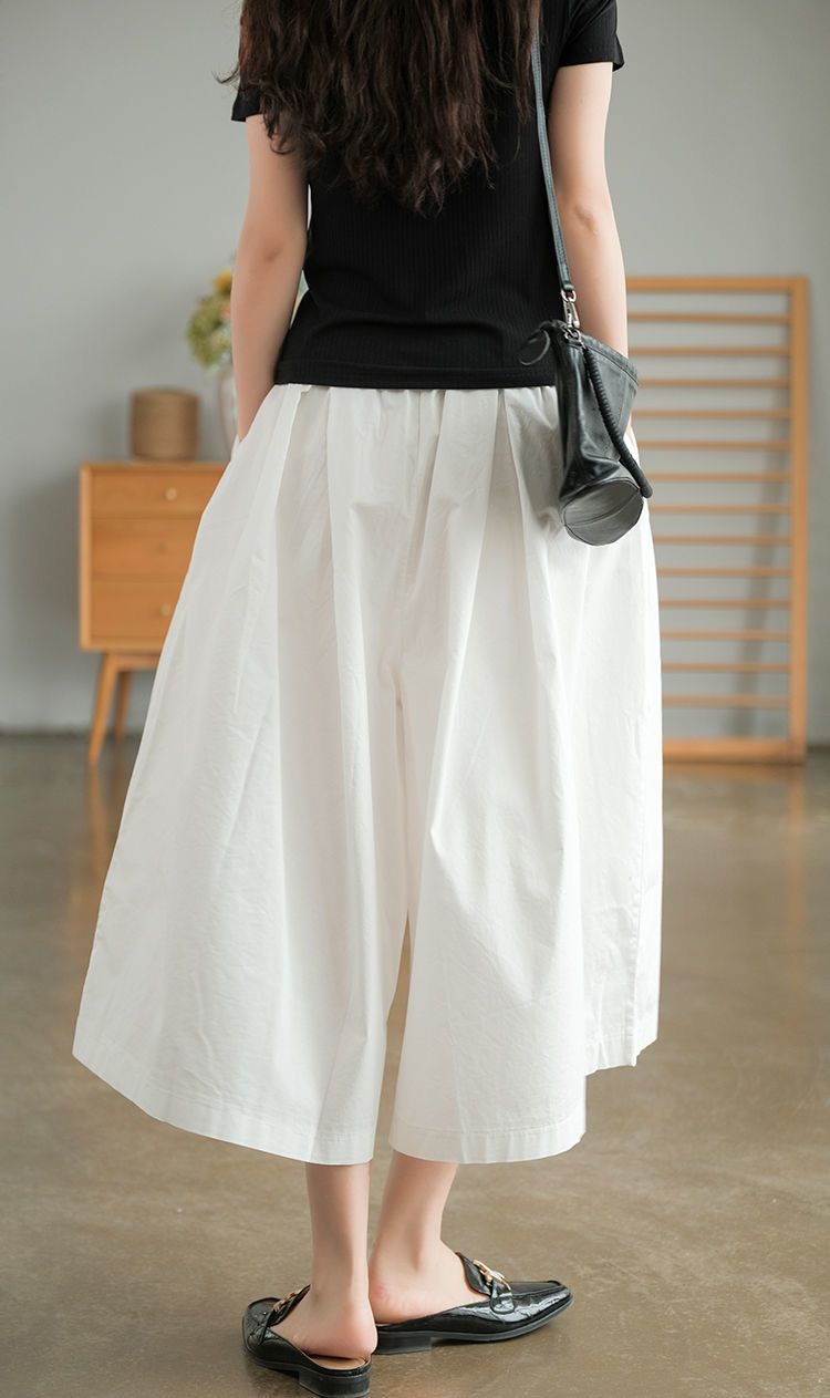 hot selling Khaki Women's 100% Pure Cotton Casual Loose Elastic Waist Wide Leg Women 2024 Summer New Retro Black Skirt Pants_voghion.com