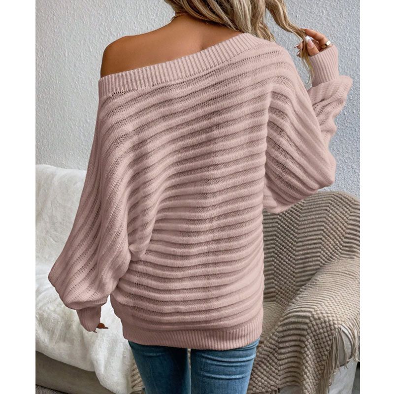 Eleganter Strickpullover mit Fledermausärmeln und U-Boot-Ausschnitt für Damen – weicher Acrylstoff, entspannte Passform, vielseitiger Pullover in Volltonfarbe für Herbst und Winter_voghion.com