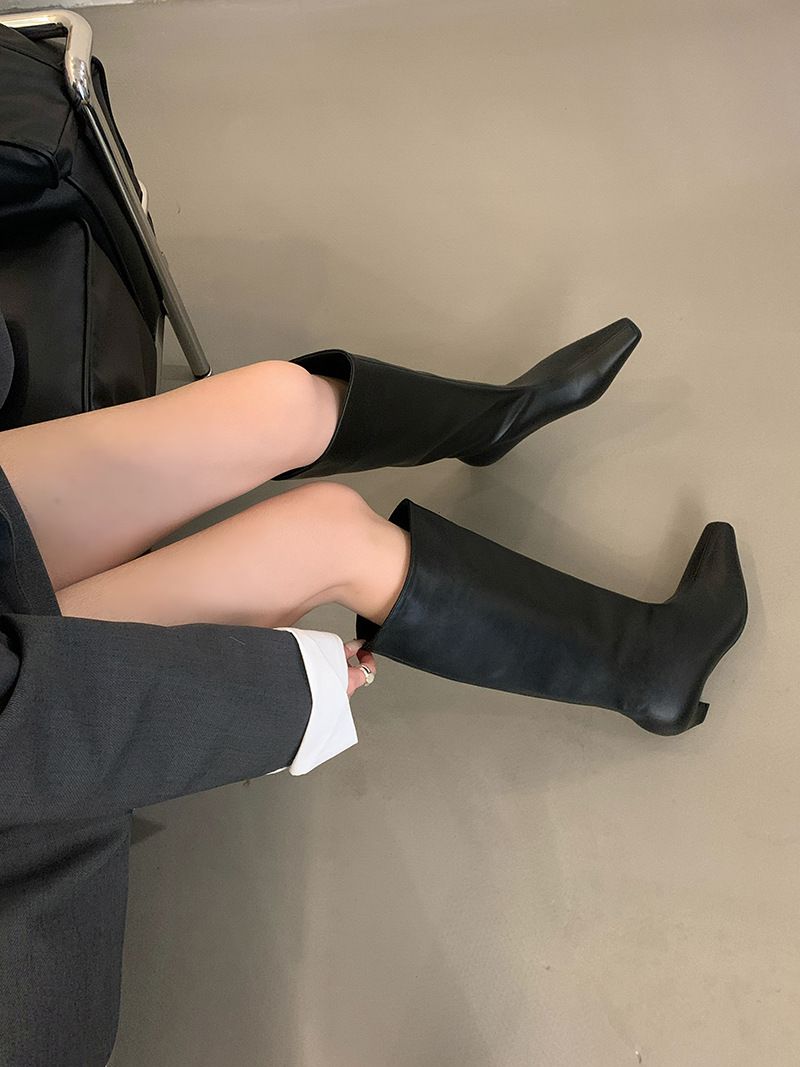 Chaussures pour femmes, bottes rétro, printemps, nouveau tube large, bottes de chevalier en cuir souple pour femmes, bottes fines à talon bas, pas au-dessus du genou_voghion.com